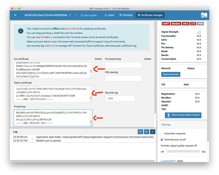 LTE Link Monitor with certificates entered