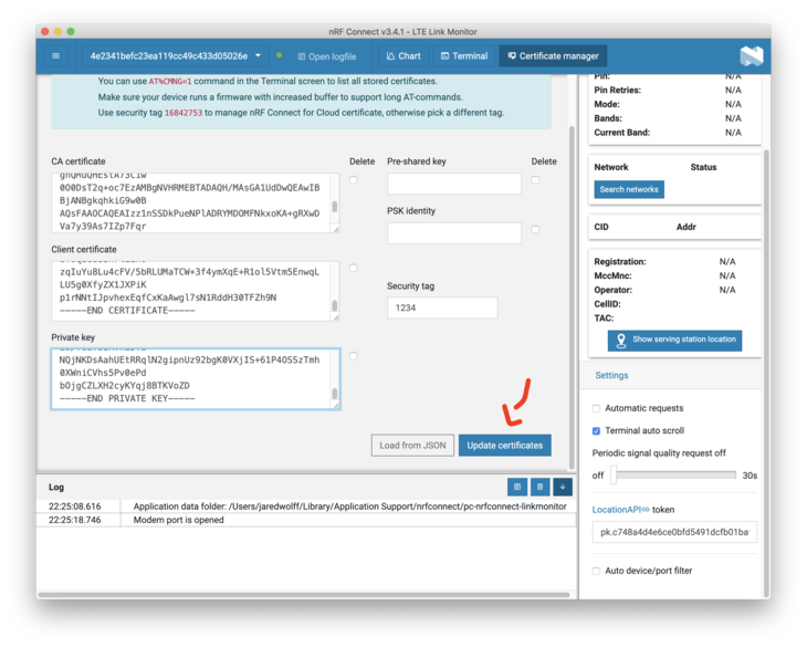 LTE Link Monitor Update certificates button