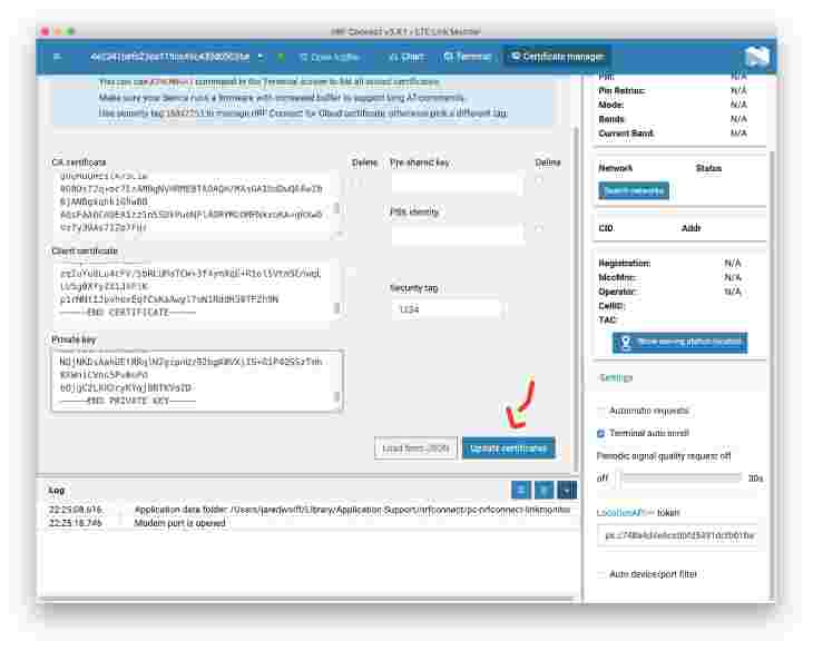 LTE Link Monitor Update certificates button