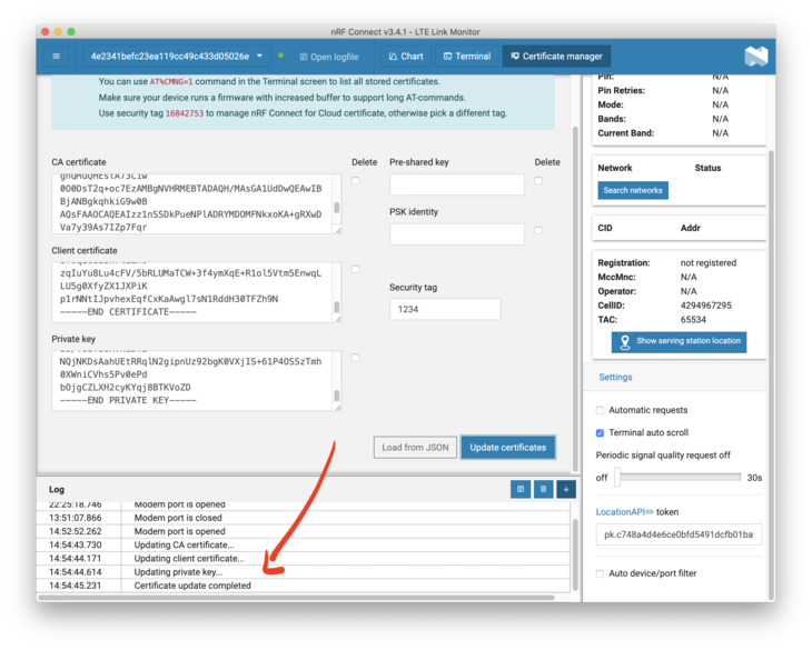 LTE Link Monitor Ceritificate Update progress