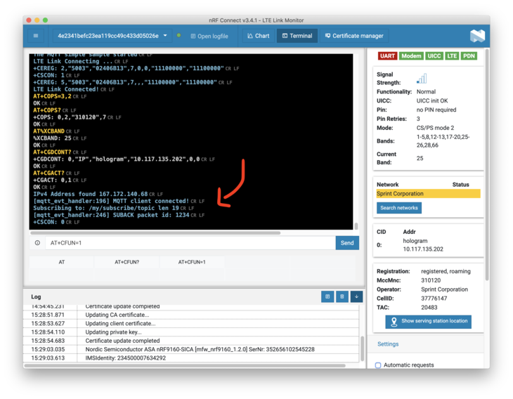 LTE Link Monitor terminal showing connection progress