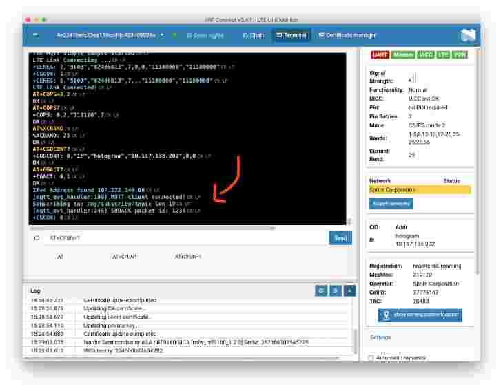 LTE Link Monitor terminal showing connection progress