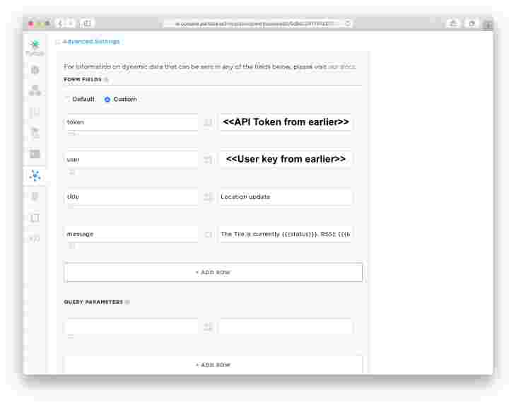 Setting the token and api key in Particle Webhook