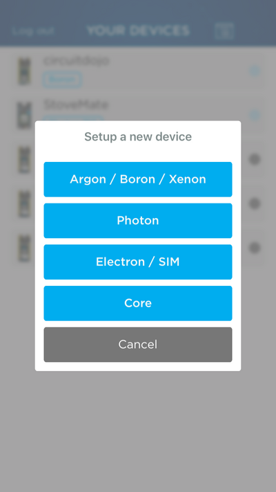 Particle Setup App Board Choice