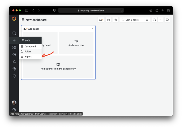 Create new dashboard by importing