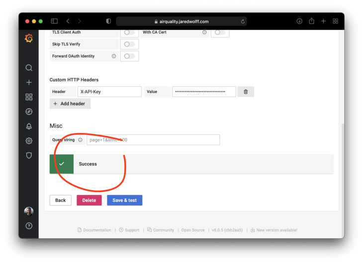 Success after testing API connection