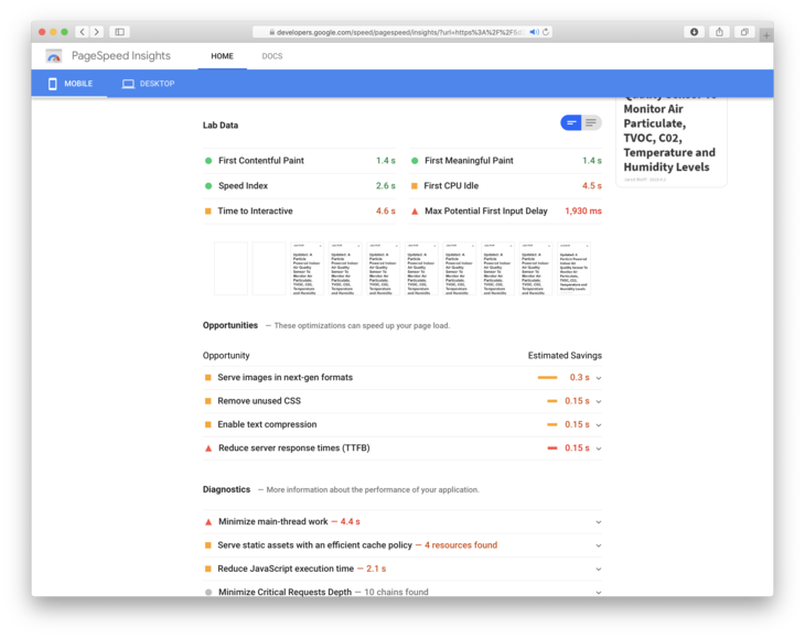 Screenshot of Pagespeed Insights