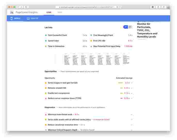 Screenshot of Pagespeed Insights